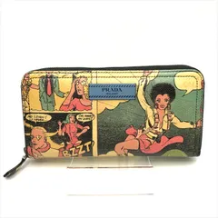 良品 PRADA プラダ ロゴ コミック ラウンド ファスナー 長財布 ウォレット ブルー ブランド ユニセックス a6387