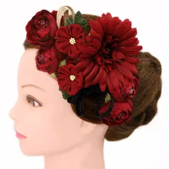 髪飾り 成人式 つまみ細工 赤 振袖 前撮り 袴 浴衣 夏祭り 花火大会 豪華2点セット ワインレッド 黒 ゴールド ちりめん 組紐 No.9-3694