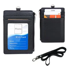 【人気商品】パスケース 5枚収納 カードケース 本革 社員証 IDカード 鍵 メンズ 小銭入れ ネームホルダー 定期入れ 首掛け ネックストラップ付 通勤 [boshiho] 通学 ブラック