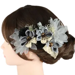 髪飾り 成人式 つまみ細工 ブルーグレー オフホワイト ベージュ 黒 カスミソウ 振袖 前撮り 袴 花 レース ナチュラル 2点セッ No.9-5499