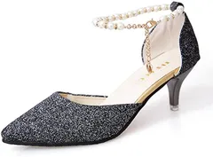 Morris coo レディース パンプス ラメ 美脚 ピンヒール 歩きやすい ストラップ お洒落 23.5cm( ブラック,  23.5 cm)