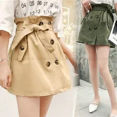 トレンチ風 ミニスカート レディース 体型カバー ミニ丈 フレア ダブルボタン 美脚 ハイウエスト 大人気 ベルト付き 春夏 リボン付スカート 大きいサイズ 大人気#myoji2561