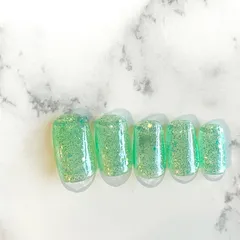 ⑨【ネイルチップ】ジェルネイル ワンカラー グリーン ホログラム キラキラ シアーカラー 夏ネイル 推しカラー  サイズ変更可 オーダー受付中