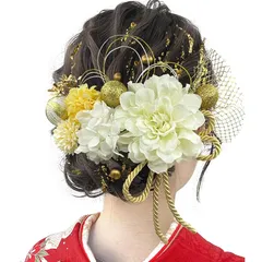 [JZOON] 成人式 髪飾り【10色展開】 ドライフラワー ダリア あじさい かすみ草 造花飾り ヘアアクセサリー 和玉 赤 ゴールド 水引 ヘッドパーツ 振袖 着物 卒業式 七五三 浴衣 袴 結婚式用 手作り 専用ケース付き Y3330 白