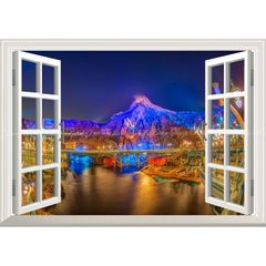絵画風 壁紙ポスター (はがせるシール式) -窓の景色- ディズニーシーの夜景 ディズニーリゾート 【窓仕様／トリックアート】 キャラクロ DNS-006MA2 (A2版 594mm×420mm) ＜日本製＞ ウォールステッカー お風呂ポスター
