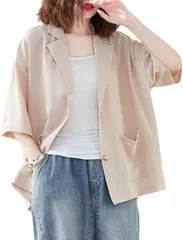 FAAMEE(フェイミー) 薄手ジャケット 春夏 トップス レディース 七分袖 カジュアル フリーサイズ 羽織り 襟付き ゆったり 体型カバー ポケット( ベージュ,  Free Size)
