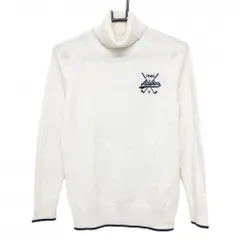 【超美品】アディダス タートルネックセーター 白×ネイビー 袖ケーブル編み ロゴ刺しゅう ウール混 レディース M/M ゴルフウェア adidas