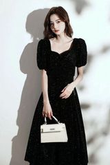 ドレス 大人 ピアノ発表会 演奏会 結婚式 S ブラック 黒 フェミニン パーティードレス ミモレ丈 袖あり パフスリーブ お呼ばれ 20代 30代 可愛い リボン 二次会 発表会 イベント フェミニン ml164ze