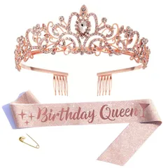 ケーキ 飾り バースデー キラキラ 3点セット BIRTHDAY QUEEN ブローチ 王冠 パーティーグッズ 王冠 記念日 誕生日お祝い たすき 誕生日小道具 子供 誕生日 女の子 女性 [LIKENNY] 誕生日カチューシャ