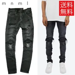 【送料無料】mnml X162 クラッシュ リペア スキニー デニム パンツ ダメージ ブラック STRETCH DENIM BLACK ミニマル