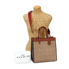 コーチ COACH フィールド トート キャンバス ウィズ ホース アンド キャリッジ プリント PVC リファインド カーフレザー C0776 トートバッグ 2WAYバッグ 肩掛け ハンドバッグ ブラス ブラウン タンラスト ベージュ 中古 mbg05001