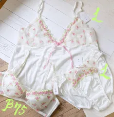 白地ピンク花柄ブラジャーB75,キャミL,ショーツL 3点セット  R424346