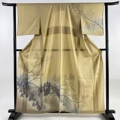 新作入荷訪問着 名品 夏紬地 ススキ 葉と実 茶緑色 薄物 身丈156cm 裄丈63.5cm S 正絹 ☆☆☆☆ 仕立て上がり