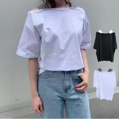 韓国ファッション 新作　Tシャツ　肩あき トップス 半袖 オフショルダー レディース セクシー  カジュアル カットソー(メール便送料無料)