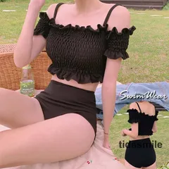 水着 ビキニ スイムウェア 上下セット レディース セパレート シャーリング オフショルダー バンドゥ ハイウエスト 体型カバー 女子力アップ 肩だし