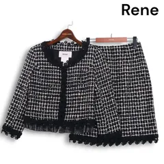 Rene ルネ 英国 TISSUE生地★秋冬 ツイード ノーカラー ジャケット & スカート セットアップ スーツ Sz.36/34 レディース 黒