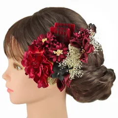 髪飾り リボン 卒業式 袴 花 ２点セット 赤 ワインレッド 白 クリーム色 茶 ゴールド ベロア つまみ細工 造花 カスミソウ ビー No.9-5283