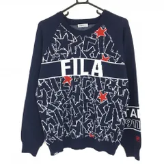 【美品】フィラゴルフ セーター ネイビー×白 前身頃星柄 ビッグロゴ ウール混 ニット メンズ L ゴルフウェア FILA GOLF