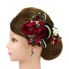 髪飾り 成人式 つまみ細工 赤 振袖 前撮り 袴 花 2点セット ワインレッド 白 黒 ゴールド ちりめん 剣つまみ 下がり 麻の葉文 No.9-4961