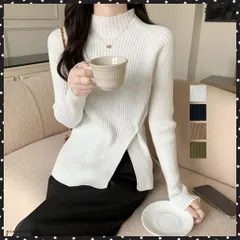 ニットトップス スリット入り 春秋冬ニットソー モックネック カットソー リブ編み ボタン付き ニットセーター 通勤通学 韓国ファッション インナーニットニットウェア 無地 フェミニン 重ね着 プルオーバー 長袖