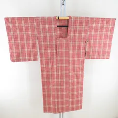 着物コート 格子文様 雨コート 和装 道行 赤桃色 正絹 織文様 西陣コート 身丈121cm