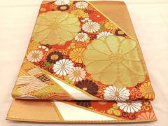 美品】袋帯 六通 鳳凰 蝶 金糸 七宝 朱色 オレンジ - メルカリ