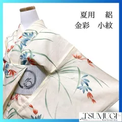 小紋　夏用　絽　金彩　花模様　リーフ模様　クリーム色　着物　054a p