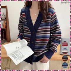 送料無料 ニットカーディガンレディース韓国トップス Vネック 羽織る リブニットトップス バイカラーボーダー柄 長袖 前開き ニットアウター オシャレ 秋冬服 ニットウェア 配色セーターニット レトロカーディガン 総柄トップスお洒落