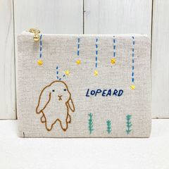 ミニポーチ【ロップイヤーうさぎと星】　刺し子・綿麻・帆布