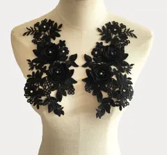 AZ302ブラック＊2枚セット  立体お花モチーフレース　襟レース　胸元モチーフ　刺繍レース　ビーズ　パール付き 新体操  衣装　社交ダンス　フィギュア衣装    バトントワリング　競技用レオタード装飾