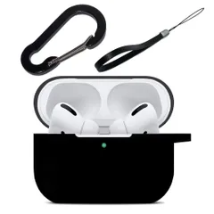AirPods Pro ケース 3点パーフェクトセット カバー カラビナ ストラップ 付 エアーポッズ プロ 用 耐衝撃 ワイヤレス充電可 前面LEDが見える！ (ブラック) 