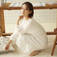 ☆ 長袖×ホワイト ☆ XL ☆ パジャマ ワンピース レディース pk8042 パジャマ ワンピース 可愛い ルームウェア ネグリジェ 部屋着 ナイトウェア 寝間着 寝巻き 綿 コットン ダブルガーゼ おしゃれ レディース ゆったり ロング Vネック フリル