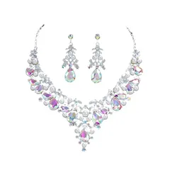 【新品】 [Vegaplace] ベリーダンス ネックレス ピアス レディース 涙型ストーン シルバー色 社交ダンス パーティー イベント 二次会 (オーロラ/シンメトリ) 0