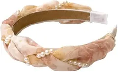 Liebendo フラワーシフォンxパール編み込み カチューシャ 幅広 ヘアバンド レディース フラワープリント 結婚式 二次会 デイリー(ピンクイエロー,  フリーサイズ)