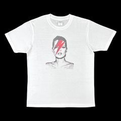 オリジナル Tシャツ アラジンセイン 雷 サンダー 稲妻 イナズマ メイク ファッションモデル ポートレート フォト BOWIE デヴィッドボウイ 白 ホワイト XS(SS) S M L XL(LL) ジャスト オーバーサイズ メンズ レディース ユニセックス
