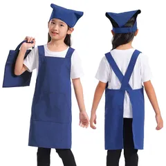 [BIGHAS] キッズ エプロン 3点セット 子供 三角巾 巾着バッグ 肩掛け バッククロス 無地 男の子 女の子 サイズ調整可能 しわになりにくい (ブルー, XL(150~160))