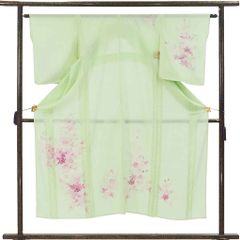 訪問着 身丈150cm 裄64cm 前幅24.5cm 後幅29.5cm 袖丈52cm 袖幅33cm レディース 花柄 裄Mサイズ 夏用 正絹（シルク）グリーン 美品 リメイク リユース リサイクル【呉服のきくや】