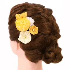髪飾り 成人式 つまみ細工 振袖 前撮り 袴 浴衣 夏祭り 花火大会 豪華3点セット 黄色 橙色 白 ちりめん ラインストーン ヘアア No.9-3631