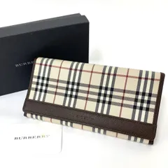 A3749 美品！ 格安！ Burberry バーバリー ノバチェック がま口 二つ折り 長財布 キャンバス レザー ベージュ ブラウン