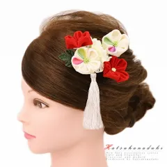 髪飾り 成人式 つまみ細工 赤 振袖 袴 浴衣 夏祭り 花火大会 3点セット 白 グラデーションカラー ちりめん 房付き かわいい お No.9-4217