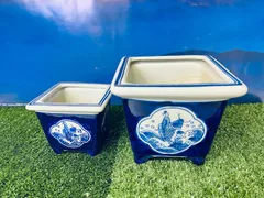 【龍馬】染付陶器の植木鉢　正方形　大小二点セット　鯉　盆栽　植物　多肉　庭園　お庭　中国　人気