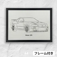 ニッサン GTR 　モノトーンイラストポスター  A4　荒い麻布の風合い 　【フレーム付】《AS》のサムネイル