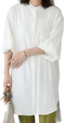 Elixio エリクシオ ゆったり シャツワンピース レディース チュニック 長袖 薄手 襟なし ノーカラー 羽織り パフスリーブ 大きめ 体型カバー カジュアル 秋 秋服(ホワイト,  M)
