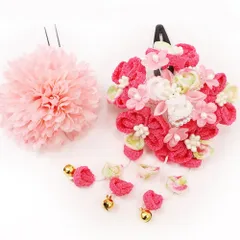 七五三 髪飾り 三歳 七歳 日本髪 つまみ細工 花 2個セット ピンク 白 パッチン留め かんざし ちりめん ビラ お正月 髪型 ヘア No.9-4109