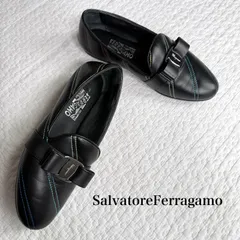 美品 SalvatoreFerragamo サルヴァトーレフェラガモ ヴァラリボン ローファー フラットシューズ マルチカラー ステッチ ブラック レザー 4 1/2D 22cm M2