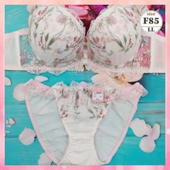 ★F85/LL☆美胸ブラ＆ショーツセット 脇高 美シルエット 谷間メイク 脇サイドスッキリ フラワーガーデン 白ピンク