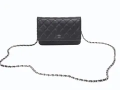 極美品 CHANEL シャネル クラシック チェーンウォレット AP0250 30番台 キャビアスキン ココマーク キルティング ブラック 中古 4b005962