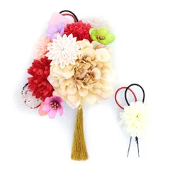 髪飾り 成人式 つまみ細工 赤 振袖 前撮り 袴 2点セット 花 ベージュ 薄茶 白 ピンク 紫 ゴールド 組紐 房 カスミソウ ブリザ No.12-0658