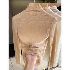 ☆ ベージュ ☆ XLサイズ ☆ ファンデーションインナー レース 透ける シースルー トップス 長袖 シアートップス チュールトップス レーストップス 透け感 レディース 小花柄 ハイネック ボトルネック メッシュ レイヤード 重ね着 インナー カットソー