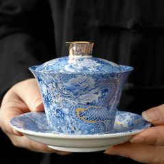 青花龍紋 三才蓋碗 蓋付き茶碗 高級陶器製 功夫茶器 家庭用 おしゃれ茶碗